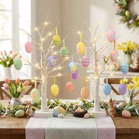 Yquqwn 2 Pack Easter Decorations 24-Inch Lighted Artificial Birch Trees with 18 Hanging Egg Ornaments USB/Battery Operated Perfect for Easter Party, Birthday Home Spring Decor in Saudi Arabia