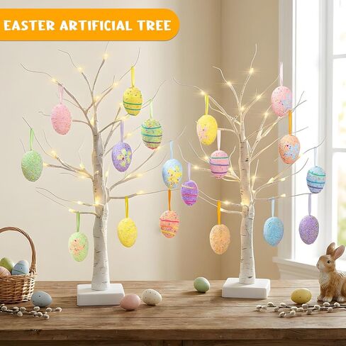 Yquqwn 2 Pack Easter Decorations 24-Inch Lighted Artificial Birch Trees with 18 Hanging Egg Ornaments USB/Battery Operated Perfect for Easter Party, Birthday Home Spring Decor in Saudi Arabia