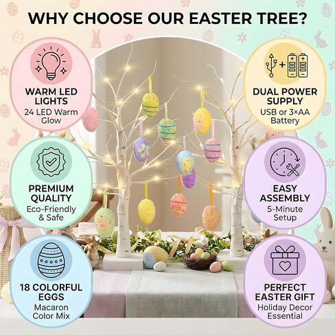 Yquqwn 2 Pack Easter Decorations 24-Inch Lighted Artificial Birch Trees with 18 Hanging Egg Ornaments USB/Battery Operated Perfect for Easter Party, Birthday Home Spring Decor in Saudi Arabia