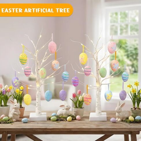 Yquqwn 2 Pack Easter Decorations 24-Inch Lighted Artificial Birch Trees with 18 Hanging Egg Ornaments USB/Battery Operated Perfect for Easter Party, Birthday Home Spring Decor in Saudi Arabia