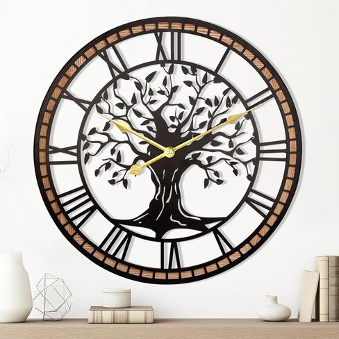 Wall Clock,32" Large Wall Clock for Living Room Decor,Tree of Life and Wooden Frame Design,Non-Ticking Battery Operated,for Dining Room,Bedroom,Kitchen,Office Arabic Decoration in Saudi Arabia