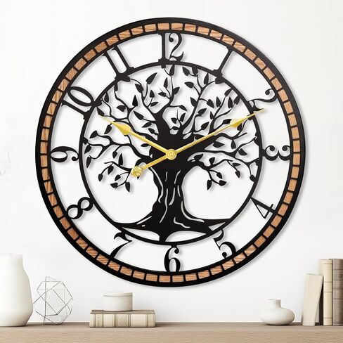 Wall Clock,32" Large Wall Clock for Living Room Decor,Tree of Life and Wooden Frame Design,Non-Ticking Battery Operated,for Dining Room,Bedroom,Kitchen,Office Arabic Decoration in Saudi Arabia