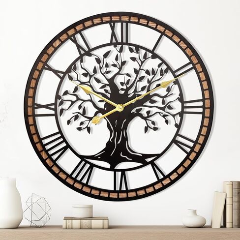 Wall Clock,32" Large Wall Clock for Living Room Decor,Tree of Life and Wooden Frame Design,Non-Ticking Battery Operated,for Dining Room,Bedroom,Kitchen,Office Arabic Decoration in Saudi Arabia