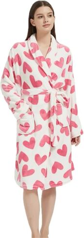 Women's Pink Heart Printed Wrapped Belted Flannel Lounge Robe, Casual Pocket Shawl Collar Thermal Robe in Saudi Arabia
