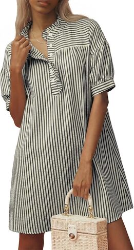 BLENCOT Womens Button Down Shirt Dresses Casual Striped Cotton Stand Collar Ruffle Puff Sleeve Summer Mini Dress in Saudi Arabia