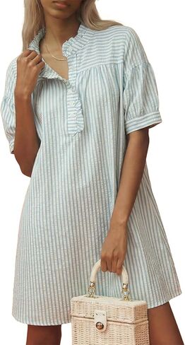 BLENCOT Womens Button Down Shirt Dresses Casual Striped Cotton Stand Collar Ruffle Puff Sleeve Summer Mini Dress in Saudi Arabia