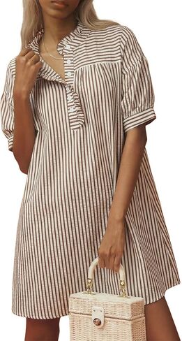 BLENCOT Womens Button Down Shirt Dresses Casual Striped Cotton Stand Collar Ruffle Puff Sleeve Summer Mini Dress in Saudi Arabia