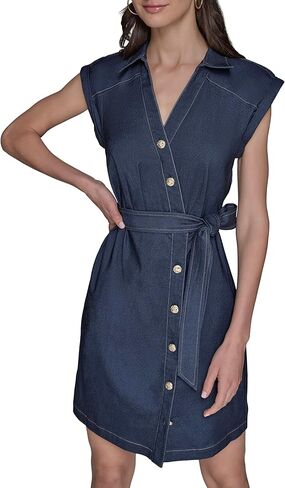 Karl Lagerfeld Women's Buttons Down Front Denim Self Tie Belt Dress in Saudi Arabia