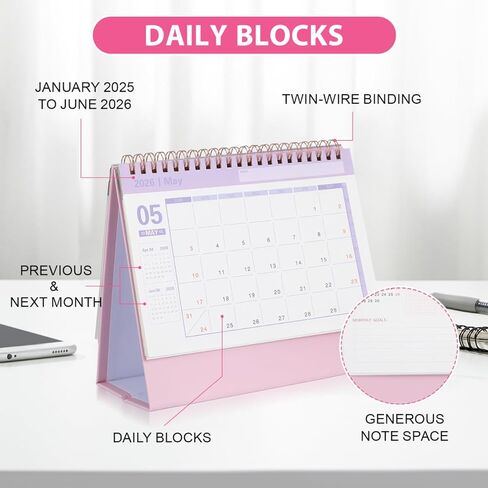 تقويم مكتب NUOBESTY 2026 تقويم مكتب صغير 18 شهرًا واقفًا مخطط شهري للمنزل والمدرسة وردي 19x16.5 سم in Kuwait