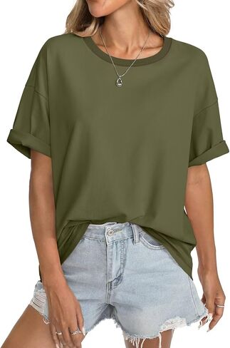 Womens Cotton Oversized T Shirts Short Sleeve Tops Ribbed Crewneck Loose Fit Tee Summer Fashion Clothes 2026 in Saudi Arabia