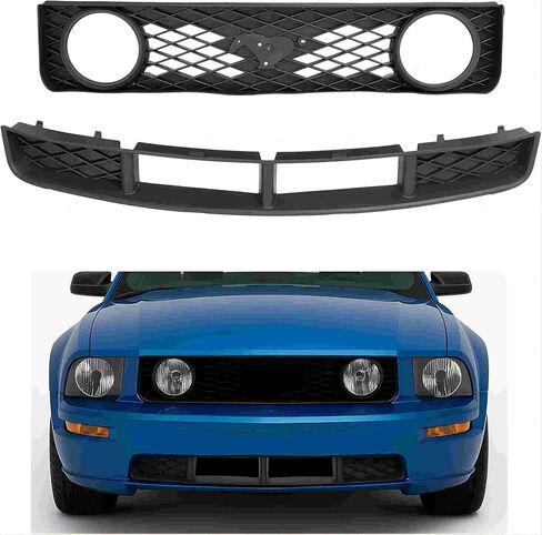 شريط أمامي شوايات علوية وسفلية 2 قطعة متوافقة مع 2005-2009 Ford Mustang GT Plastic(PP) شبكة سوداء ممتصة للصدمات مع فتحات إضاءة مستديرة بديلة لـ FO1200422 FO1036114 6R3Z8200BA 7R3Z17K945BA in Saudi Arabia