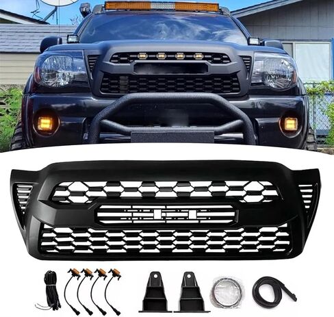 Front Bumper Upper Grille Mesh Grill Fit For 2005-2011 Toyota Tacoma Upgrade Front Grille Grill Assembly Replacement Matte Black (With LED Lights) in Saudi Arabia