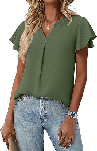Womens Spring Tops Summer Dressy Casual Cute V Neck Ruffle Sleeve Blouses Flowy Shirts in Saudi Arabia