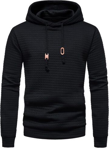 Men's Black Sweatshirt with Front Pocket, Stylish Long Sleeve Thermal Sweatshirt with Adjustable Drawstring for Fall in Saudi Arabia