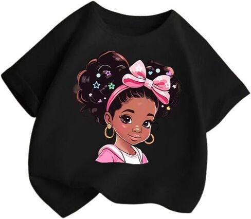 Girl's Graphic Print Tee Shirt Round Neck Short Sleeve T Shirts Summer Cute Trendy Tops All Holidays Birthdays T-Shirts 3-12 Years Black in Saudi Arabia