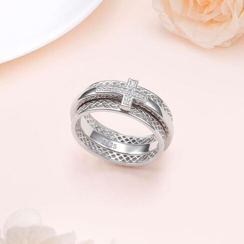 Alphm S925 Sterling Silver Spinner Fidget Anxiety Worry Relieving Boredom ADHD Autism Band Christian Rings Relieving Boredom Cross Women Men in Saudi Arabia