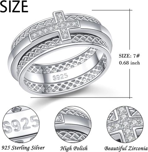 Alphm S925 Sterling Silver Spinner Fidget Anxiety Worry Relieving Boredom ADHD Autism Band Christian Rings Relieving Boredom Cross Women Men in Saudi Arabia