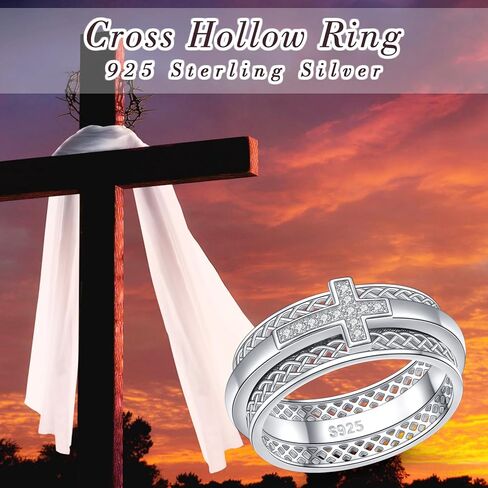 Alphm S925 Sterling Silver Spinner Fidget Anxiety Worry Relieving Boredom ADHD Autism Band Christian Rings Relieving Boredom Cross Women Men in Saudi Arabia