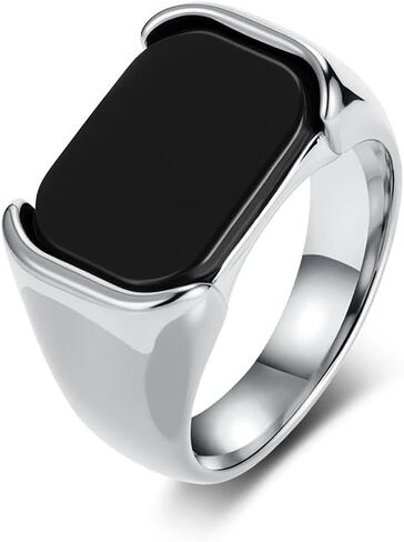 خاتم Kemstone للرجال من الفولاذ المقاوم للصدأ على طراز العقيق الأسود - شريط كلاسيكي مستطيل بسيط in Kuwait