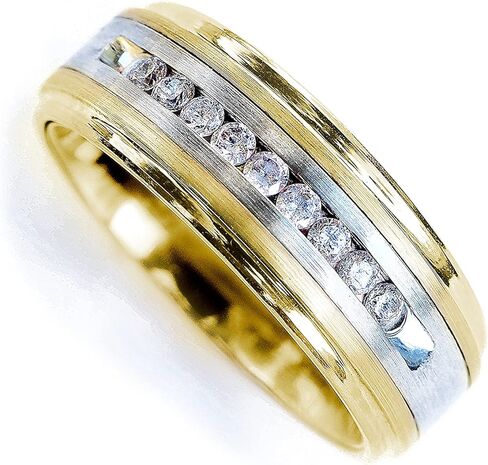 Mens Tungsten Wedding Ring Brushed Silver Inlay & 9 Channel Set Diamonds, Tension Set Ring - 8mm Gold Diamond Tungsten Wedding Band With Raised Center & Brushed Gold Inlay in Saudi Arabia