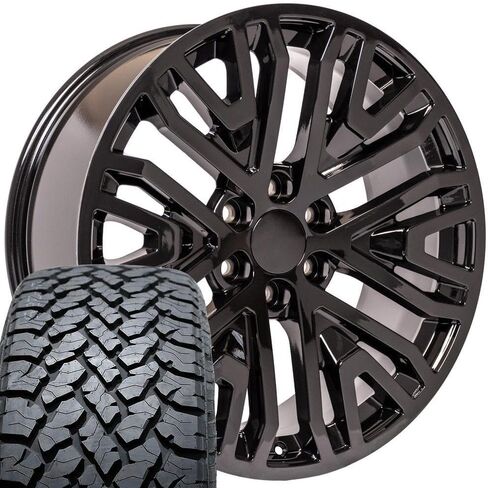 OE Wheels CV37 22 Inch Rims and Tires Fit Sierra 1500 Style 6x139.7 22x9 Gloss Black - Hollander 5906 - TS-37 AT 285/45-22 (Set of 4) in Saudi Arabia