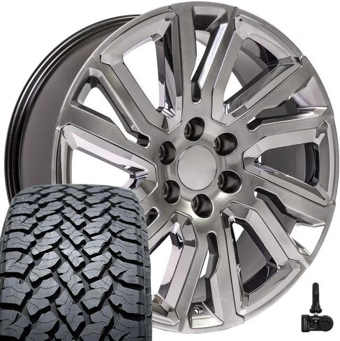 OE Wheels CV39 22 Inch Rims and Tires Fit Sierra 1500 Style 6x139.7 22x9 Gloss Hyper Black with Chrome Insert - Hollander 5907 - TS-37 AT 285/45-22 (Set of 4) in Saudi Arabia
