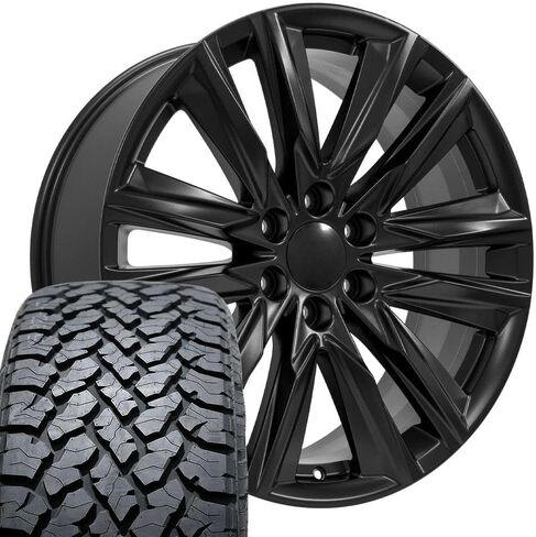 إطارات وإطارات OE Wheels CA91 مقاس 22 بوصة تناسب طراز Escalade Sport Style 6x139.7 22x9 أسود ساتان - هولاندر 4869 - TS-37 AT 285/45-22 (مجموعة من 4) in Kuwait