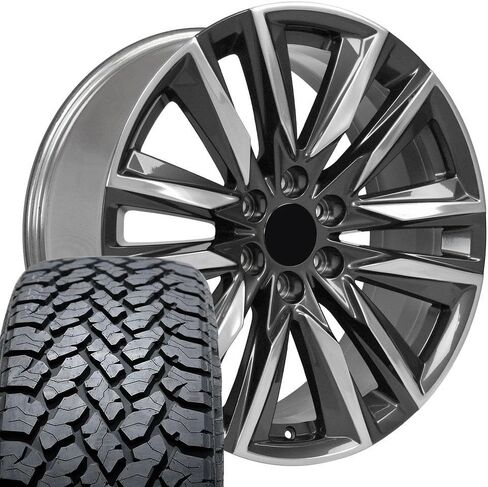 إطارات وإطارات OE Wheels CA91 مقاس 22 بوصة تناسب طراز Escalade Sport مقاس 6x139.7 22x9 من المعدن اللامع مع وجه مصقول - هولاندر 4869 - TS-37 AT 285/45-22 (مجموعة من 4) in Saudi Arabia