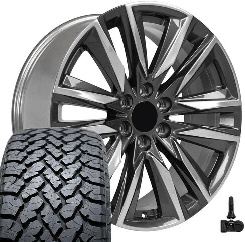 OE Wheels CA91 22 Inch Rims and Tires Fit Escalade Sport Style 6x139.7 22x9 Gloss Gunmetal with Polished Face - Hollander 4869 - TS-37 AT 285/45-22 (Set of 4) in Saudi Arabia
