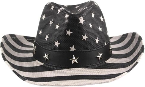 Alipis American Flag Cowboy Hat Straw Western Cowgirl Hat Unisex Summer Multi-Functional 4th of July Black Stripe in Saudi Arabia