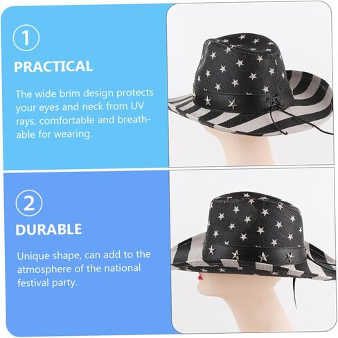 Alipis American Flag Cowboy Hat Straw Western Cowgirl Hat Unisex Summer Multi-Functional 4th of July Black Stripe in Saudi Arabia