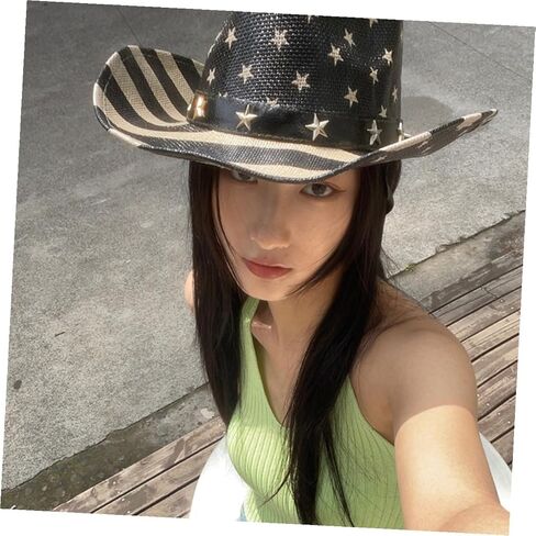 American Flag Western Cowboy Hat, Unisex Black Straw Sun Hat for Summer, 4th of July Patriotic Outdoor Festival Accessory in Saudi Arabia