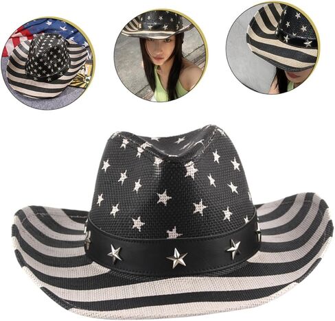 American Flag Western Cowboy Hat, Unisex Black Straw Sun Hat for Summer, 4th of July Patriotic Outdoor Festival Accessory in Saudi Arabia