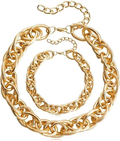 Two-Tone Chunky Jewelry Set Gold and Silver Twisted Cable Chain Necklace Bracelet for Women Color-Blocking Thick Wire Choker Necklace Trendy Mixed Metal Link Chain Bracelet Christmas New Year Jewelry Gifts in Saudi Arabia