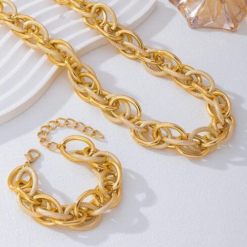 Two-Tone Chunky Jewelry Set Gold and Silver Twisted Cable Chain Necklace Bracelet for Women Color-Blocking Thick Wire Choker Necklace Trendy Mixed Metal Link Chain Bracelet Christmas New Year Jewelry Gifts in Saudi Arabia