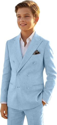 بدلة كتان مزدوجة الصدر من JPF للأولاد مكونة من قطعتين بدلة كتان للأطفال كاجوال للشاطئ وسترة وسروال فستان in Kuwait