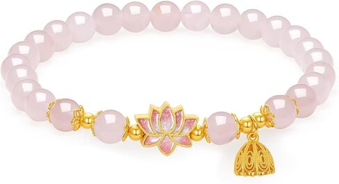 Sterling Silver Bracelet Silver Pink Gemstone Beaded Bracelets Lotus Flower with Lotus Pod Charm Stretch Bracelets Jewelry for Women Mom Daughter 6.7"/17CM J1916411 in Saudi Arabia