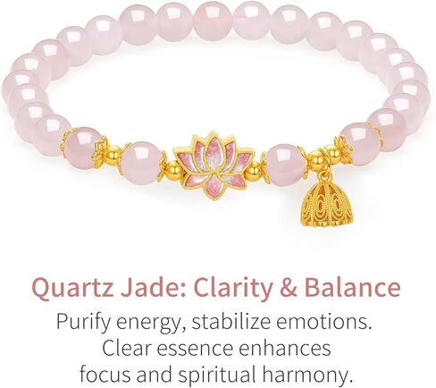 Sterling Silver Bracelet Silver Pink Gemstone Beaded Bracelets Lotus Flower with Lotus Pod Charm Stretch Bracelets Jewelry for Women Mom Daughter 6.7"/17CM J1916411 in Saudi Arabia