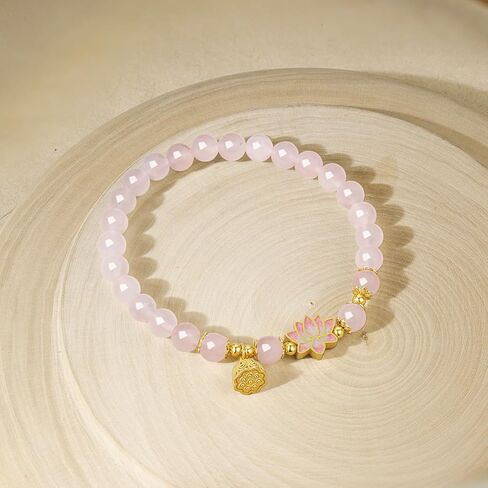 Sterling Silver Bracelet Silver Pink Gemstone Beaded Bracelets Lotus Flower with Lotus Pod Charm Stretch Bracelets Jewelry for Women Mom Daughter 6.7"/17CM J1916411 in Saudi Arabia