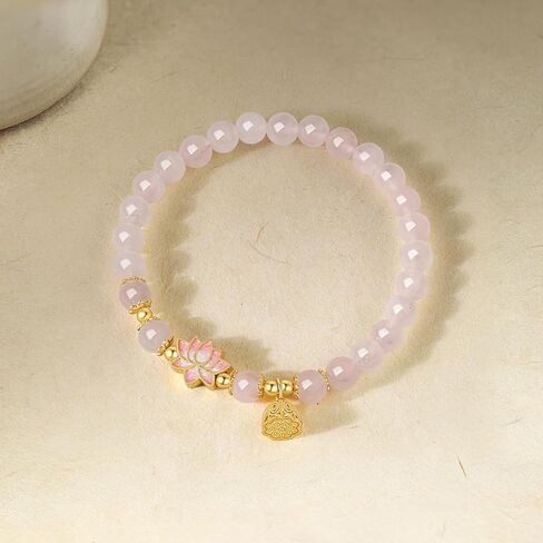 Sterling Silver Bracelet Silver Pink Gemstone Beaded Bracelets Lotus Flower with Lotus Pod Charm Stretch Bracelets Jewelry for Women Mom Daughter 6.7"/17CM J1916411 in Saudi Arabia
