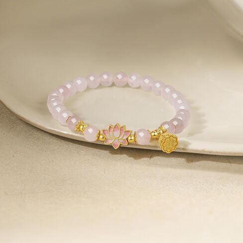 Sterling Silver Bracelet Silver Pink Gemstone Beaded Bracelets Lotus Flower with Lotus Pod Charm Stretch Bracelets Jewelry for Women Mom Daughter 6.7"/17CM J1916411 in Saudi Arabia
