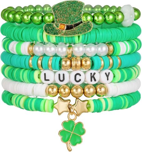 7 Pcs St Patricks Day Bracelets for Men Women Stackable Lucky Leaf Shamrock Hat Charm Bracelet, Gift for Mother, Sister, Friend in Kuwait