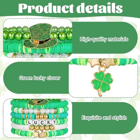 7 Pcs St Patricks Day Bracelets for Men Women Stackable Lucky Leaf Shamrock Hat Charm Bracelet, Gift for Mother, Sister, Friend in Kuwait