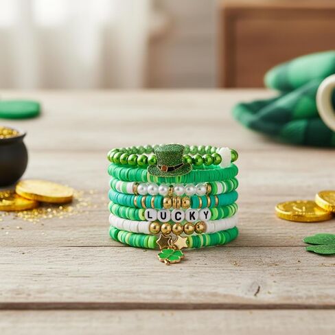 7 Pcs St Patricks Day Bracelets for Men Women Stackable Lucky Leaf Shamrock Hat Charm Bracelet, Gift for Mother, Sister, Friend in Kuwait