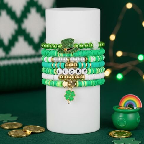 7 Pcs St Patricks Day Bracelets for Men Women Stackable Lucky Leaf Shamrock Hat Charm Bracelet, Gift for Mother, Sister, Friend in Kuwait