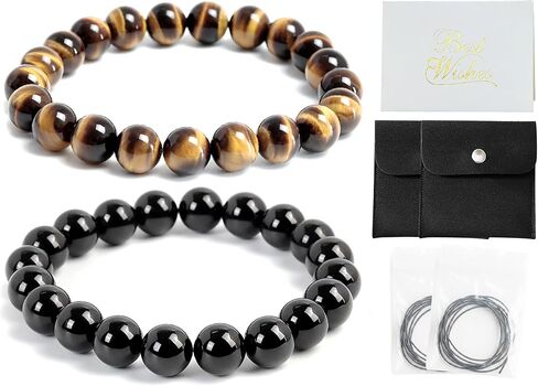 Beaded Bracelets for Men Women: 10MM & 12MM Protection Black Obsidian Bracelet Tigers Eye Bracelet 2PCS Natural Stone in Saudi Arabia