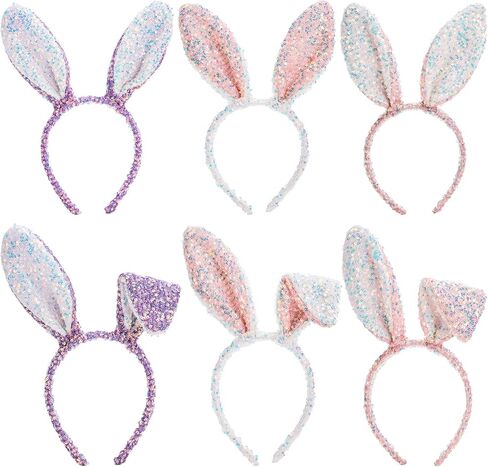 6 Pack Easter Bunny Ears Headband, Sparkly Sequined Headbands with Rabbit Ear for Women, Cute Bendable Bunny Hair Bands Bulk for Easter Party Supplies, Costume Accessories, 3 Colors in Saudi Arabia