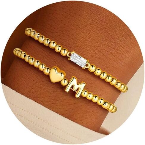 Turandoss Easter Basket Stuffers for Women – Dainty 14K Gold Plated Heart Initial A-Z Charm Birthstone Bracelets, Stackable Strand Bead Ball Bracelet Jewelry Birthday Easter Gifts in Saudi Arabia