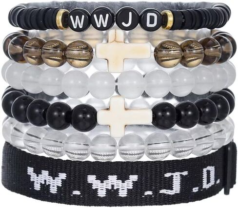 مجموعة أساور WWJD أساور معصم WWJD سوار صليب مسيحي قابل للتكديس أساور من الخرز الطيني تمتد زجاج مطرز بالخرز مجوهرات مسيحية ملهمة هدية للأزواج والنساء والرجال in Saudi Arabia