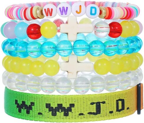 مجموعة أساور WWJD أساور معصم WWJD سوار صليب مسيحي قابل للتكديس أساور من الخرز الطيني تمتد زجاج مطرز بالخرز مجوهرات مسيحية ملهمة هدية للأزواج والنساء والرجال in Saudi Arabia
